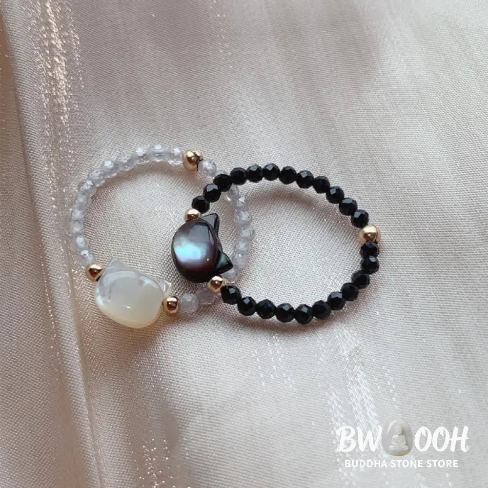 Buddha Stones Natural Tridacna Stone Lovely Cat 14K Gold Plated Blessing Ring - BWOOOH - Rings
