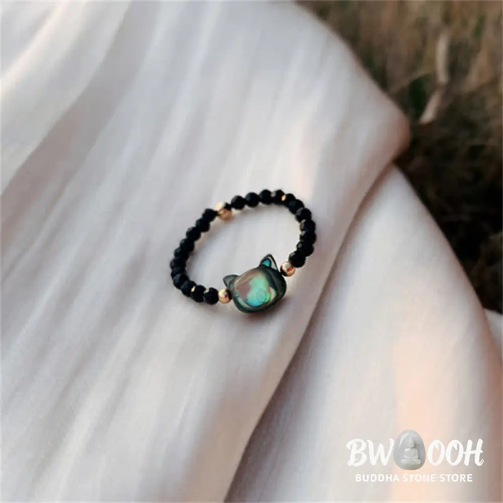 Buddha Stones Natural Tridacna Stone Lovely Cat 14K Gold Plated Blessing Ring - BWOOOH - Rings