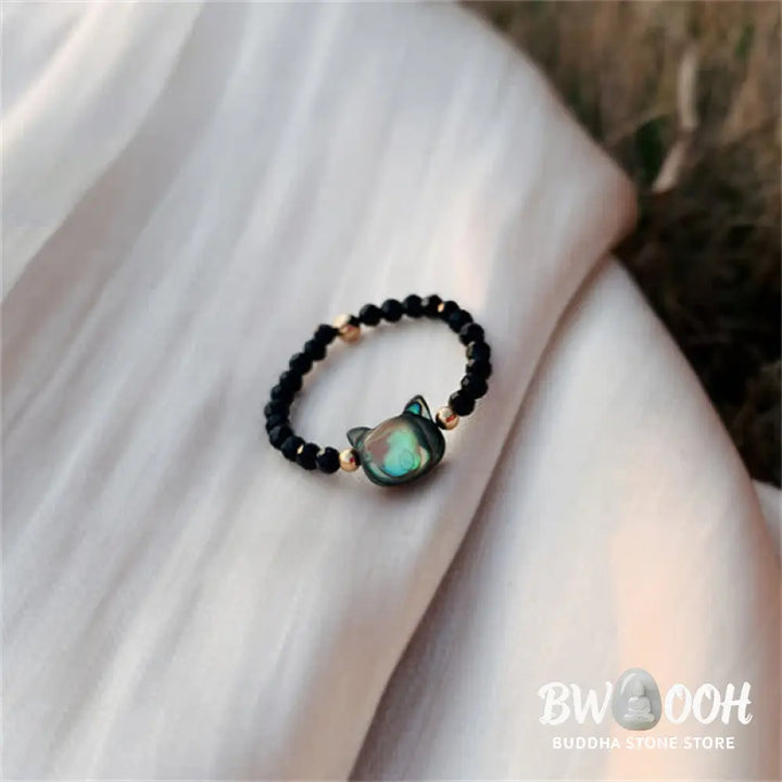 Buddha Stones Natural Tridacna Stone Lovely Cat 14K Gold Plated Blessing Ring - BWOOOH - Rings