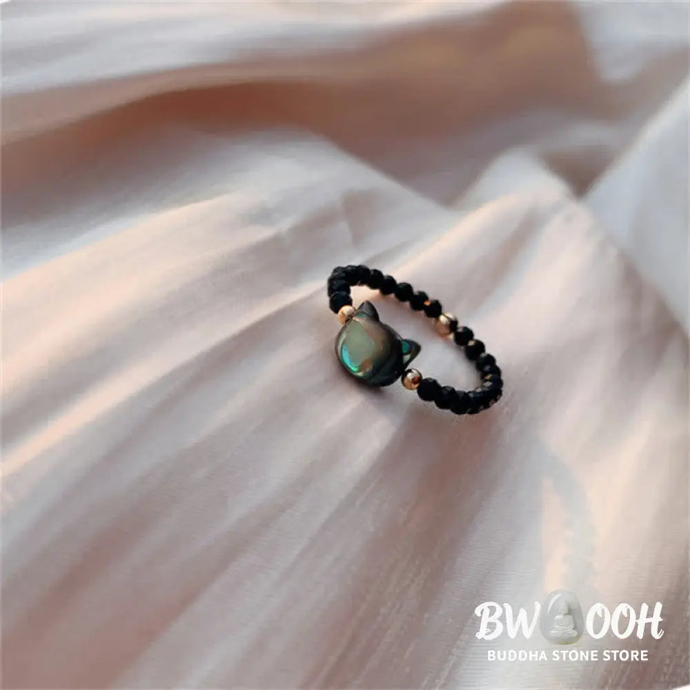 Buddha Stones Natural Tridacna Stone Lovely Cat 14K Gold Plated Blessing Ring - BWOOOH - Rings