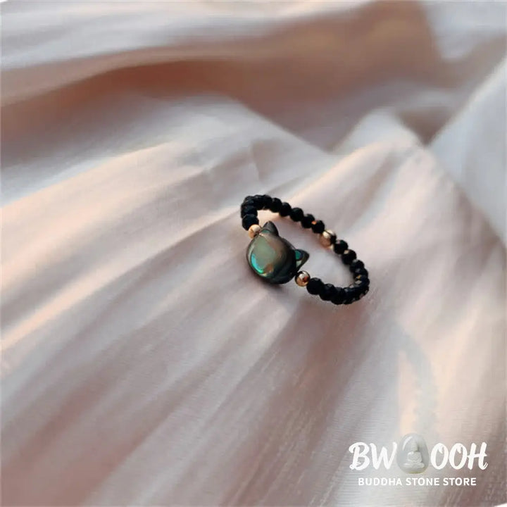 Buddha Stones Natural Tridacna Stone Lovely Cat 14K Gold Plated Blessing Ring - BWOOOH - Rings