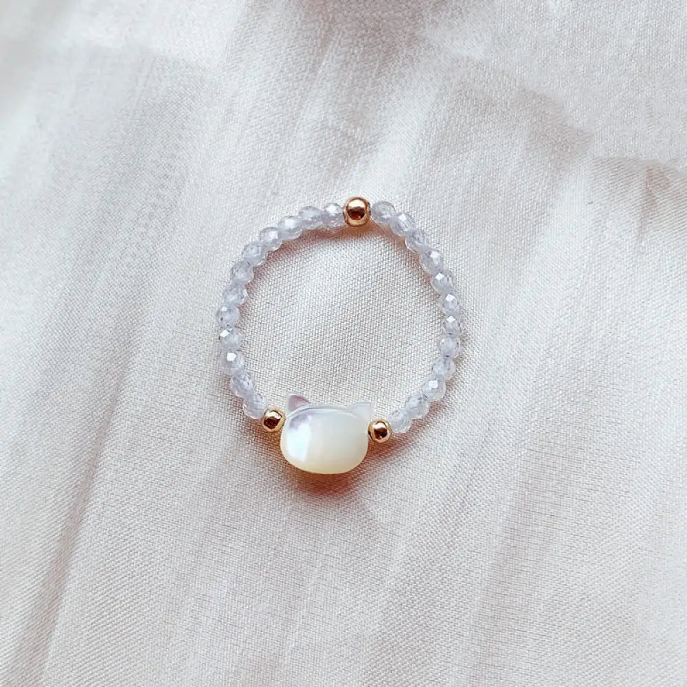 Buddha Stones Natural Tridacna Stone Lovely Cat 14K Gold Plated Blessing Ring - BWOOOH - White - Rings