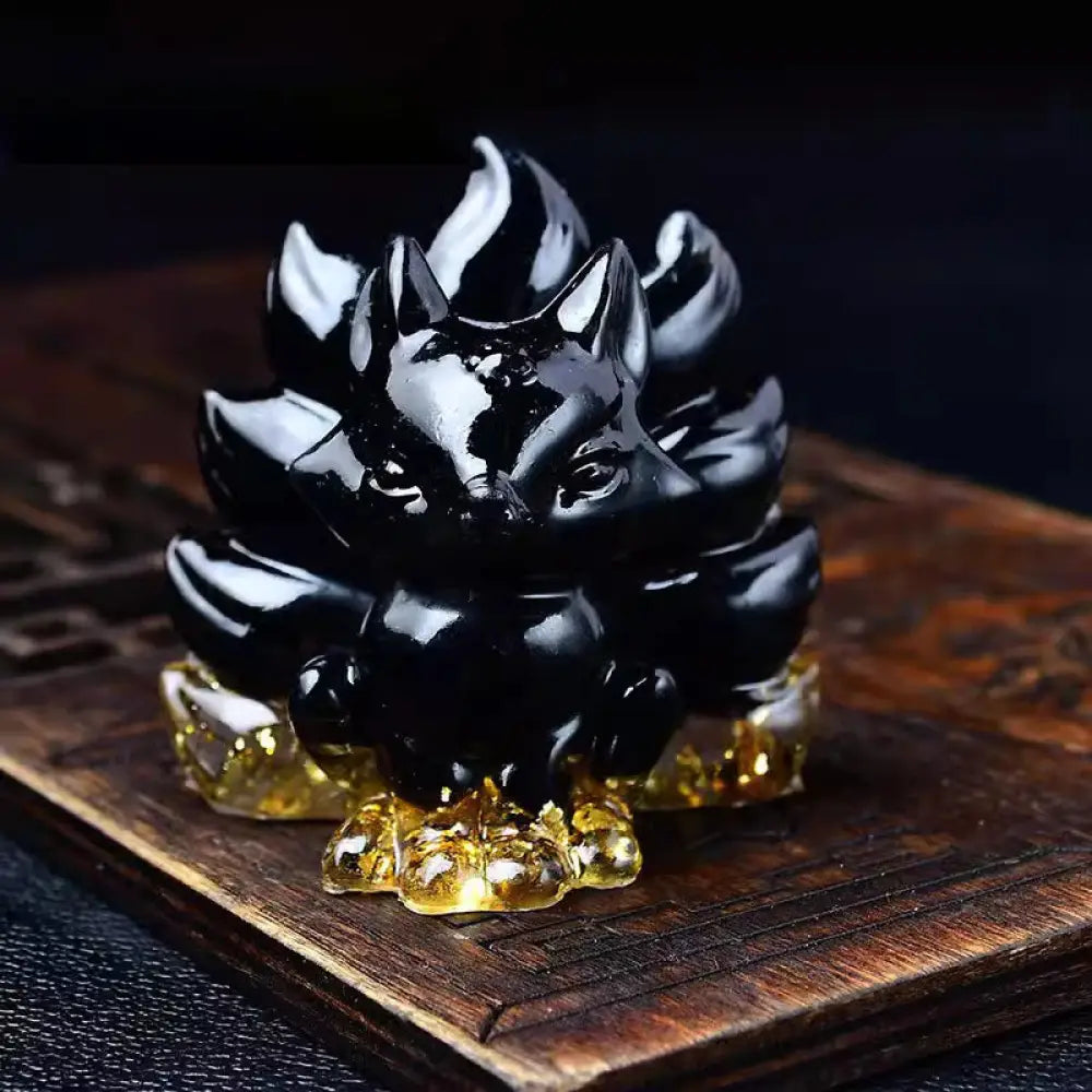 Buddha Stones Natural Various Crystal Strawberry Quartz Amethyst Nine Tailed Fox Protection Home Decoration - Black