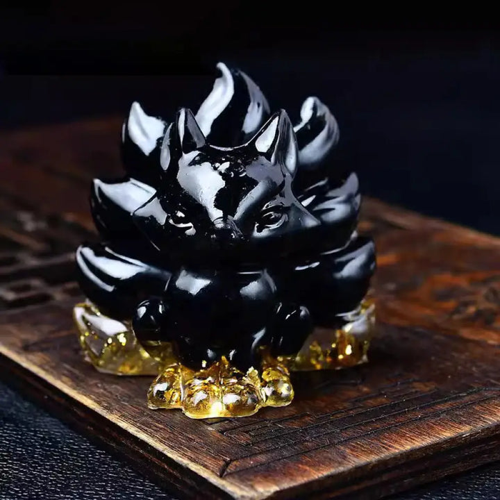 Buddha Stones Natural Various Crystal Strawberry Quartz Amethyst Nine Tailed Fox Protection Home Decoration - Black
