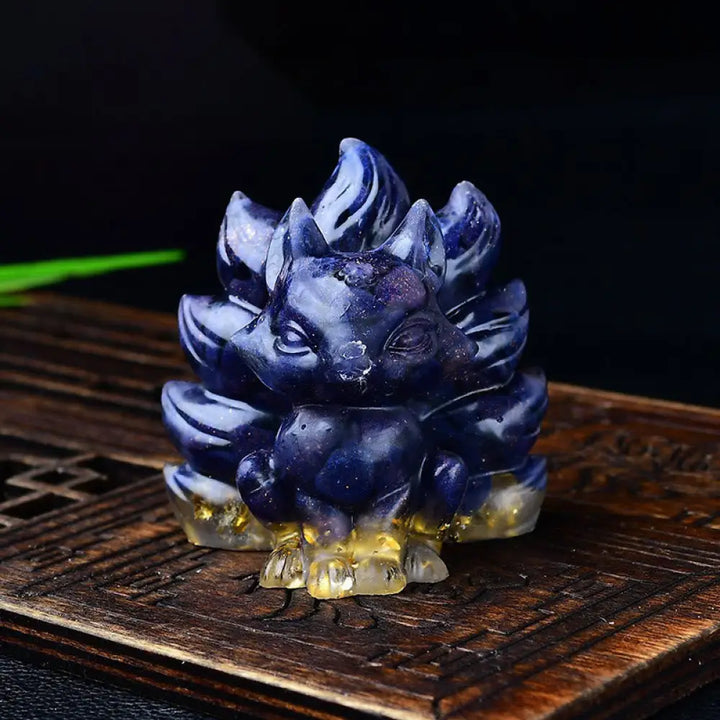 Buddha Stones Natural Various Crystal Strawberry Quartz Amethyst Nine Tailed Fox Protection Home Decoration - Blue
