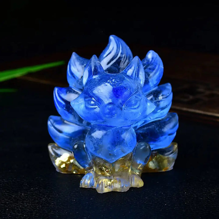 Buddha Stones Natural Various Crystal Strawberry Quartz Amethyst Nine Tailed Fox Protection Home Decoration - Blue