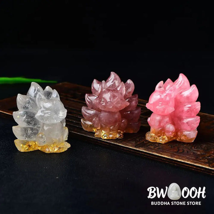 Buddha Stones Natural Various Crystal Strawberry Quartz Amethyst Nine Tailed Fox Protection Home Decoration