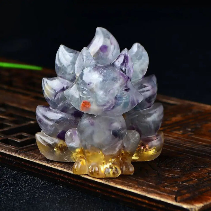 Buddha Stones Natural Various Crystal Strawberry Quartz Amethyst Nine Tailed Fox Protection Home Decoration - Fluorite