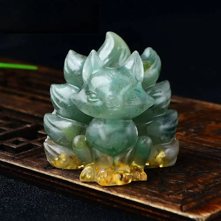 Buddha Stones Natural Various Crystal Strawberry Quartz Amethyst Nine Tailed Fox Protection Home Decoration - Green