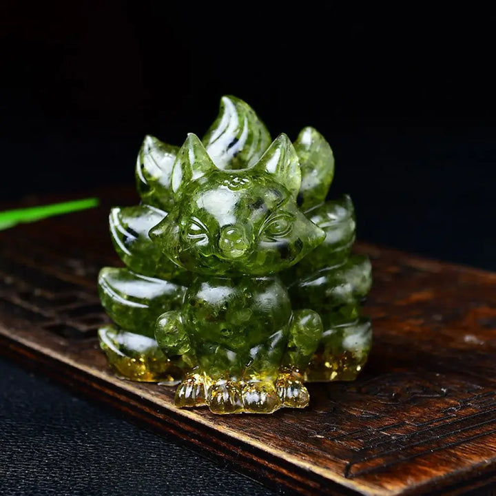 Buddha Stones Natural Various Crystal Strawberry Quartz Amethyst Nine Tailed Fox Protection Home Decoration - Peridot
