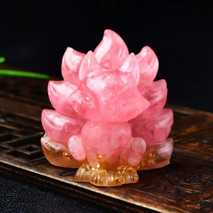 Buddha Stones Natural Various Crystal Strawberry Quartz Amethyst Nine Tailed Fox Protection Home Decoration - Pink