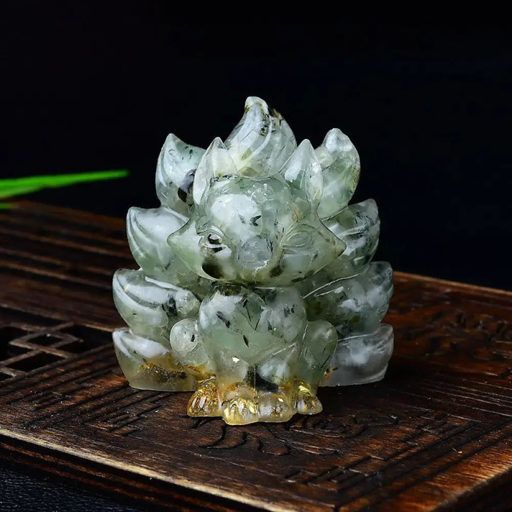 Buddha Stones Natural Various Crystal Strawberry Quartz Amethyst Nine Tailed Fox Protection Home Decoration - Prehnite
