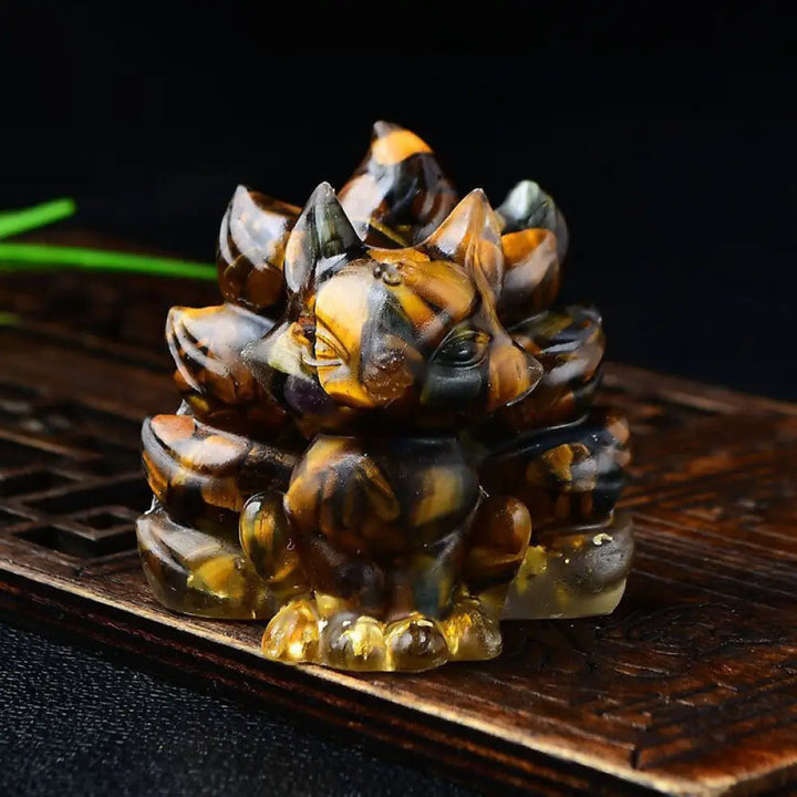 Buddha Stones Natural Various Crystal Strawberry Quartz Amethyst Nine Tailed Fox Protection Home Decoration - Tiger Eye
