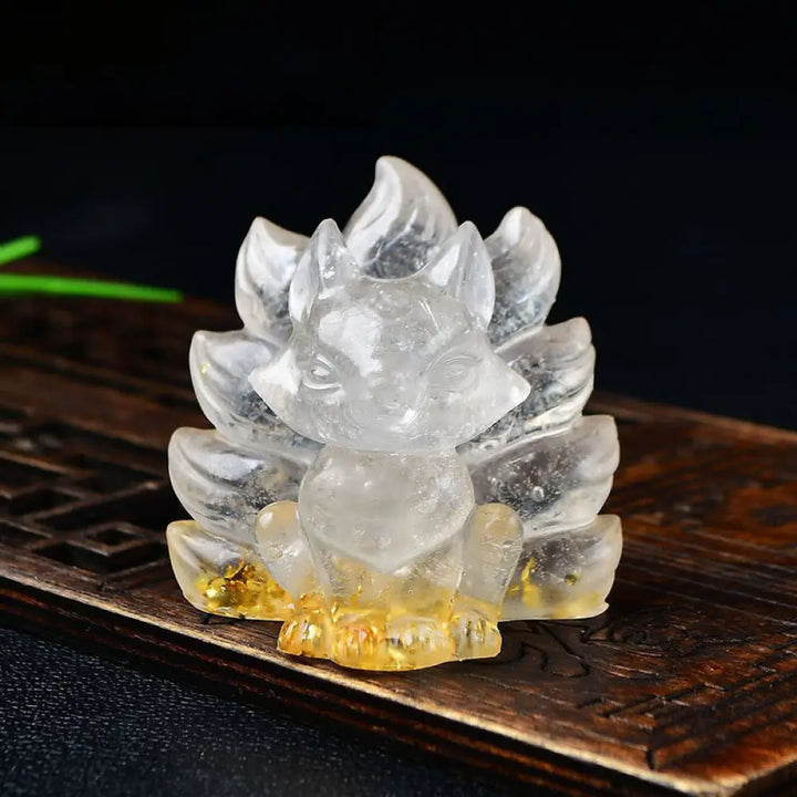 Buddha Stones Natural Various Crystal Strawberry Quartz Amethyst Nine Tailed Fox Protection Home Decoration - White