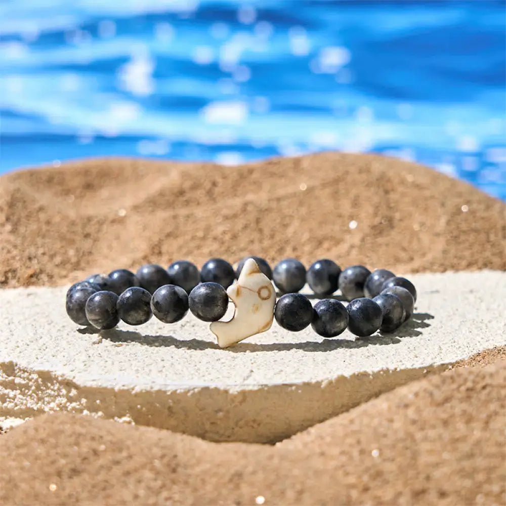 Buddha Stones Natural Various Stones Dolphin Spiritual Balance Bracelet - Black Glitter Stone(Wrist Circumference: