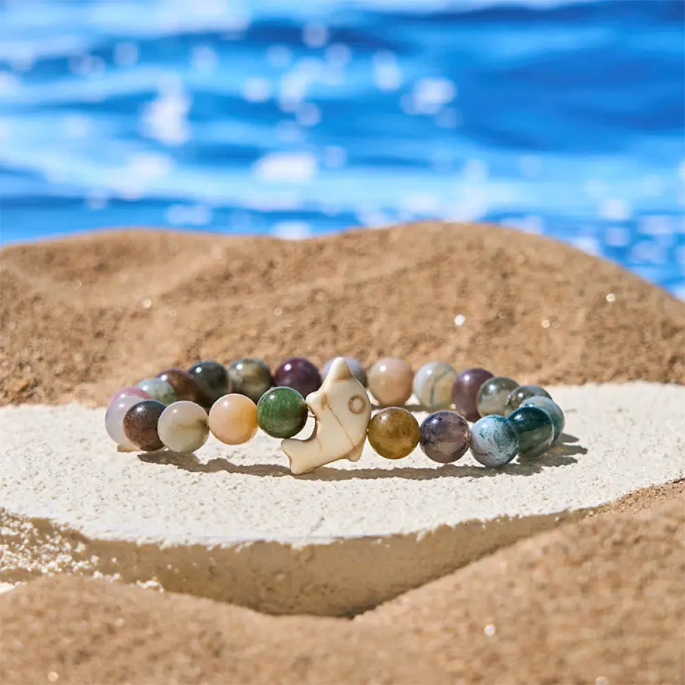 Buddha Stones Natural Various Stones Dolphin Spiritual Balance Bracelet - India Agate(Wrist Circumference: 15-18cm)