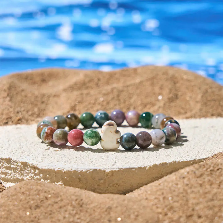 Buddha Stones Natural Various Stones Elephant Spiritual Strength Bracelet - India Agate(Wrist Circumference: 15-18cm)
