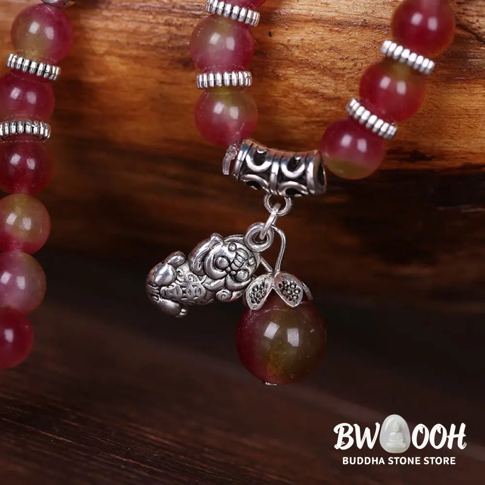 BWOOOH Natural Watermelon Tourmaline PiXiu Elephant Positive Triple Wrap Bracelet | spiritual healing bracelet
