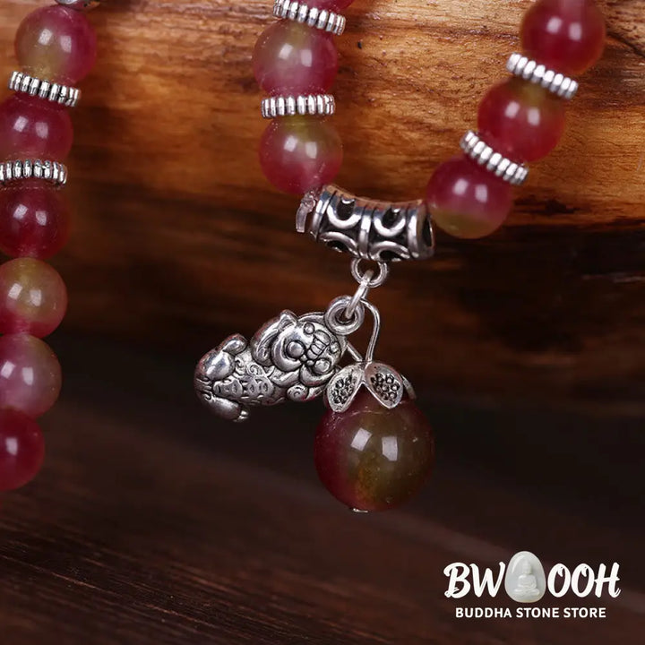 BWOOOH Natural Watermelon Tourmaline PiXiu Elephant Positive Triple Wrap Bracelet | spiritual healing bracelet