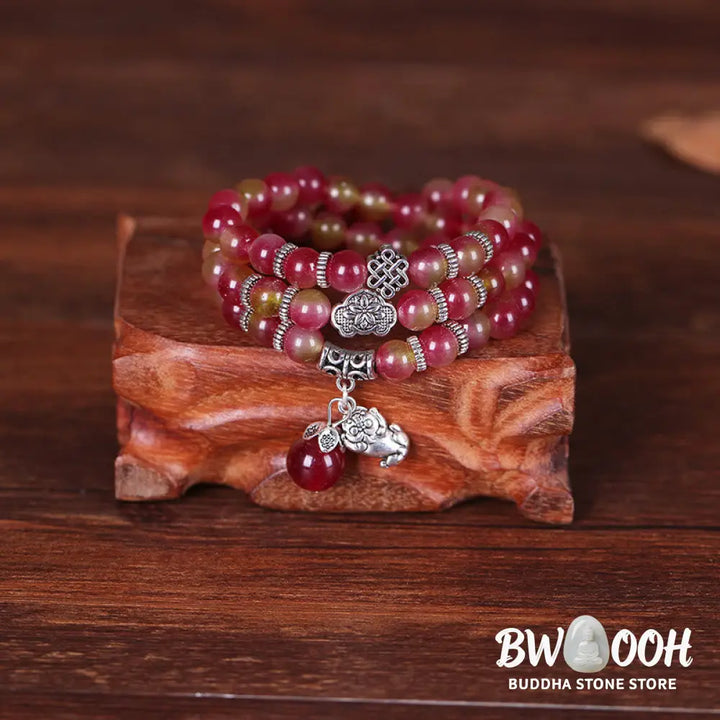BWOOOH Natural Watermelon Tourmaline PiXiu Elephant Positive Triple Wrap Bracelet | spiritual healing bracelet