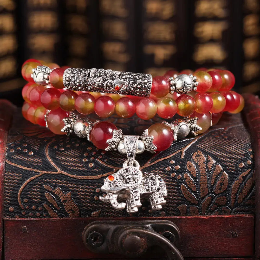 BWOOOH Natural Watermelon Tourmaline PiXiu Elephant Positive Triple Wrap Bracelet - 6mm Watermelon Tourmaline