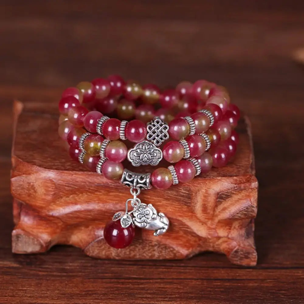 BWOOOH Natural Watermelon Tourmaline PiXiu Elephant Positive Triple Wrap Bracelet - 8mm Watermelon Tourmaline