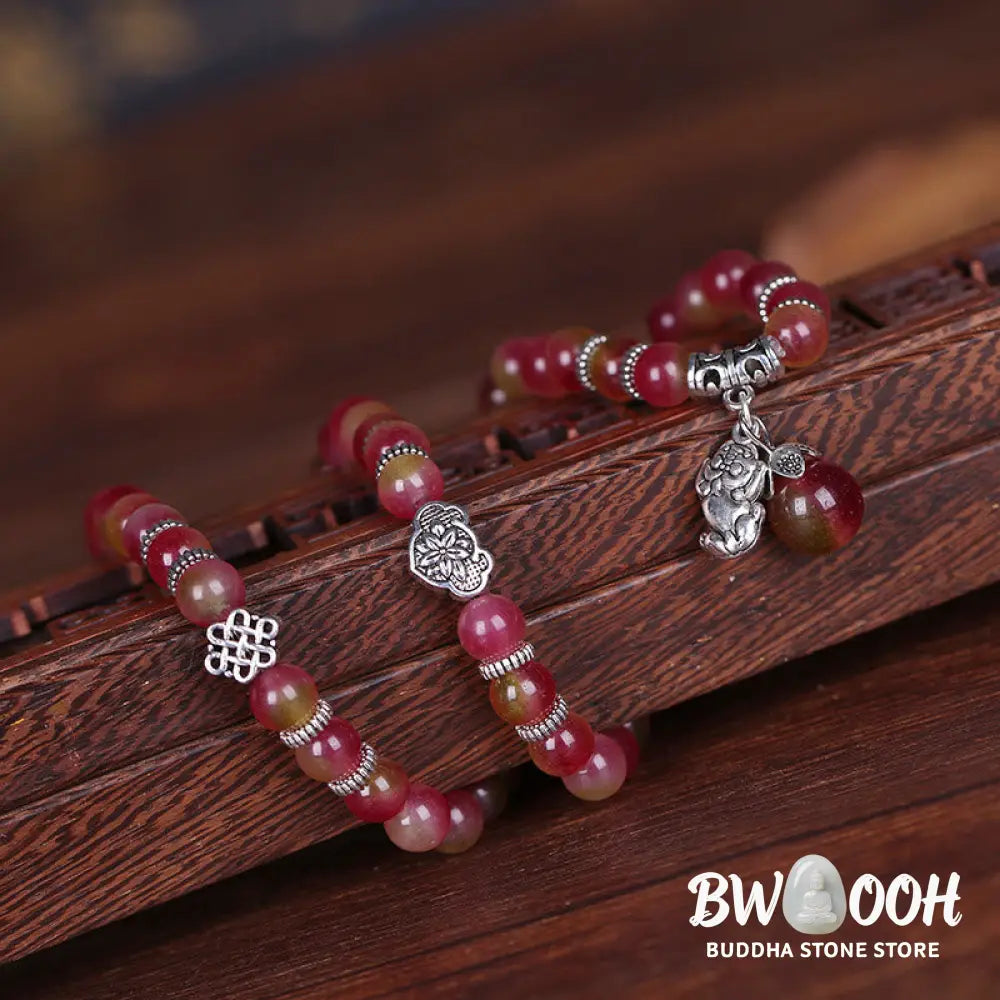 BWOOOH Natural Watermelon Tourmaline PiXiu Elephant Positive Triple Wrap Bracelet | spiritual healing bracelet