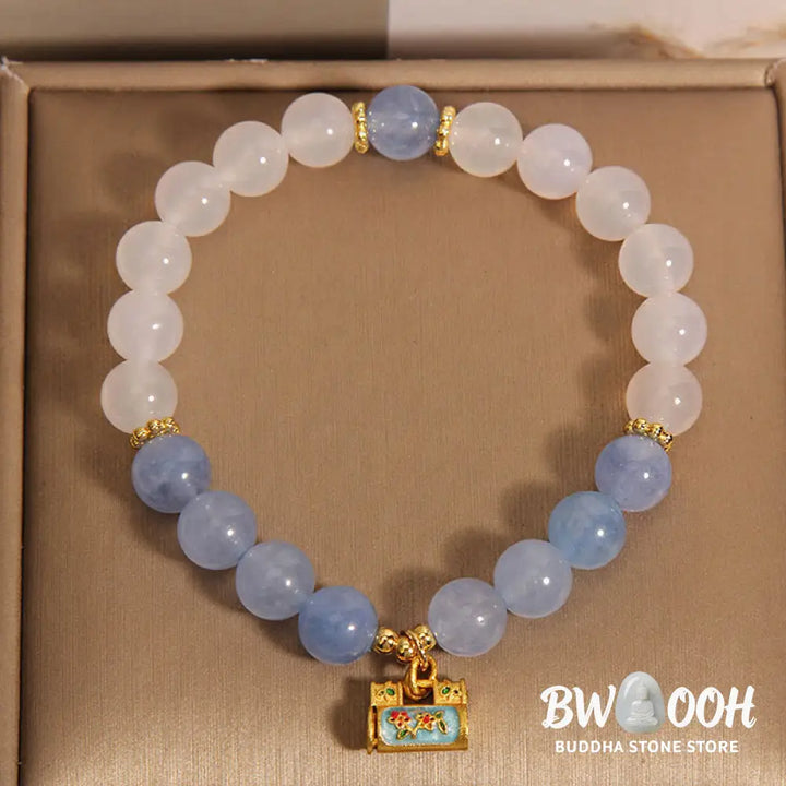Buddha Stones Natural White Agate Aquamarine Protection Bracelet - BWOOOH - White Agate Aquamarine(Wrist Circumference: