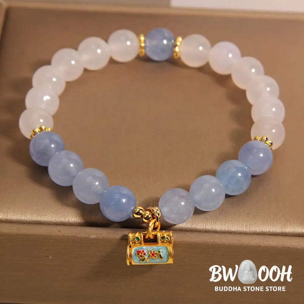 Buddha Stones Natural White Agate Aquamarine Protection Bracelet - BWOOOH - White Agate Aquamarine(Wrist Circumference: