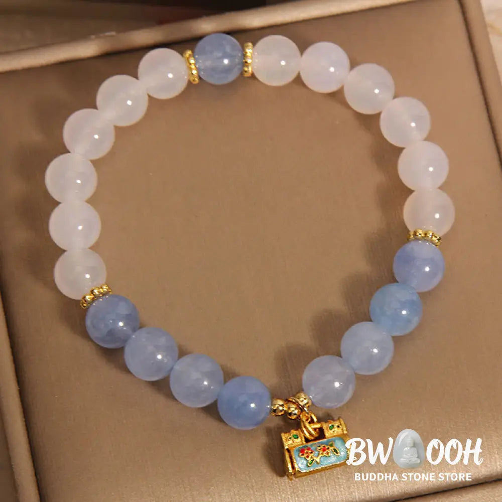 Buddha Stones Natural White Agate Aquamarine Protection Bracelet - BWOOOH - White Agate Aquamarine(Wrist Circumference: