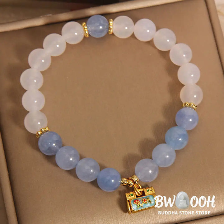 Buddha Stones Natural White Agate Aquamarine Protection Bracelet - BWOOOH - White Agate Aquamarine(Wrist Circumference:
