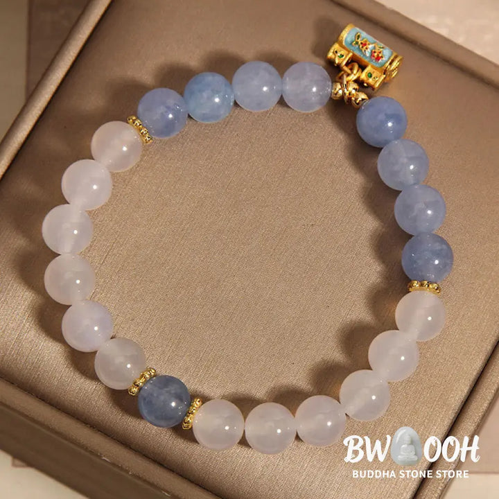 Buddha Stones Natural White Agate Aquamarine Protection Bracelet - BWOOOH - White Agate Aquamarine(Wrist Circumference: