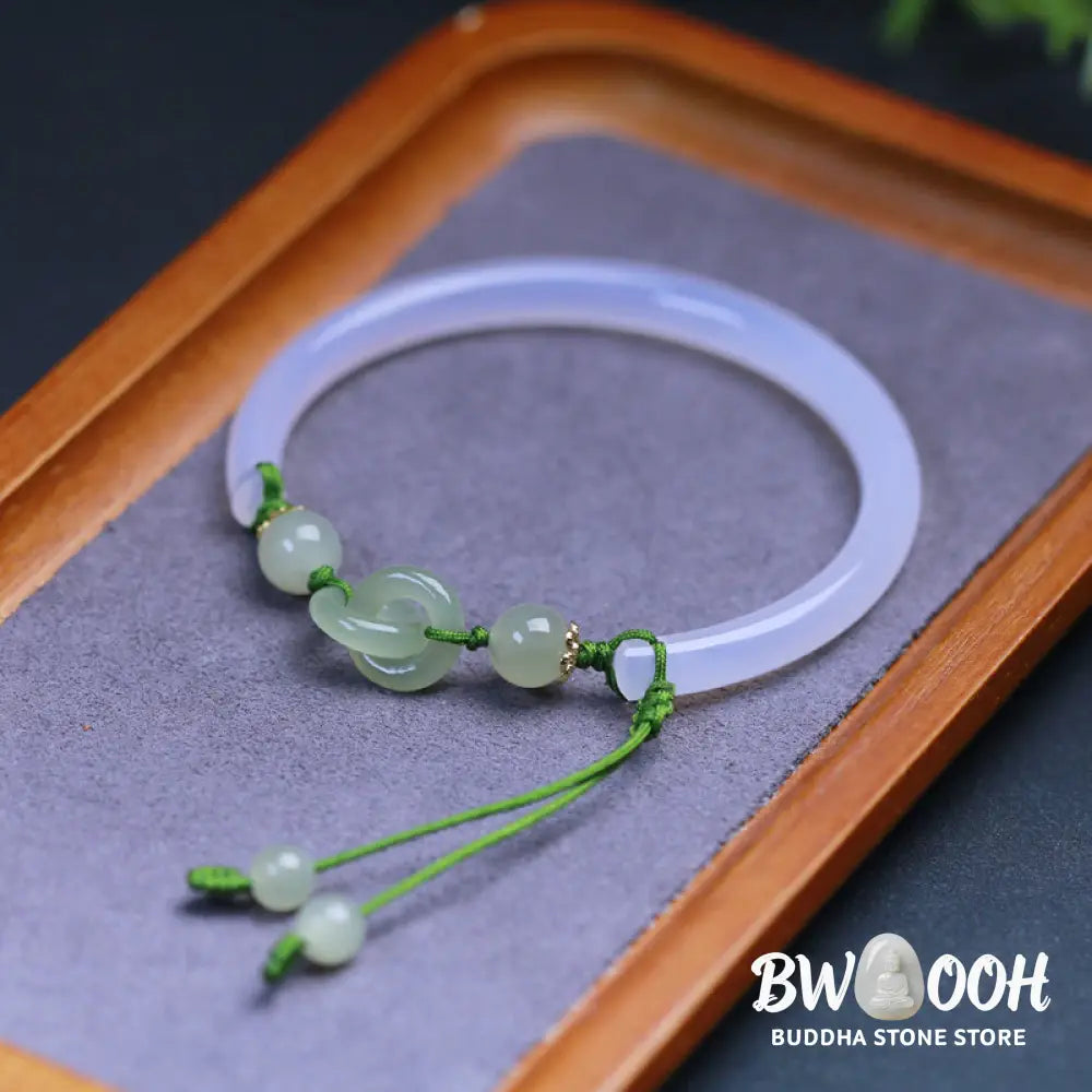 Buddha Stones Natural White Agate Hetian Jade Beads Interlocking Positive Bracelet Bangle - BWOOOH - White Agate(Wrist