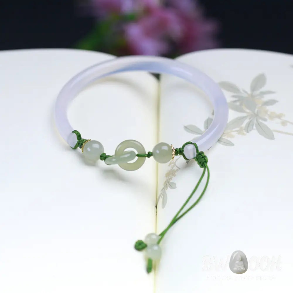 Buddha Stones Natural White Agate Hetian Jade Beads Interlocking Positive Bracelet Bangle - BWOOOH - White Agate(Wrist