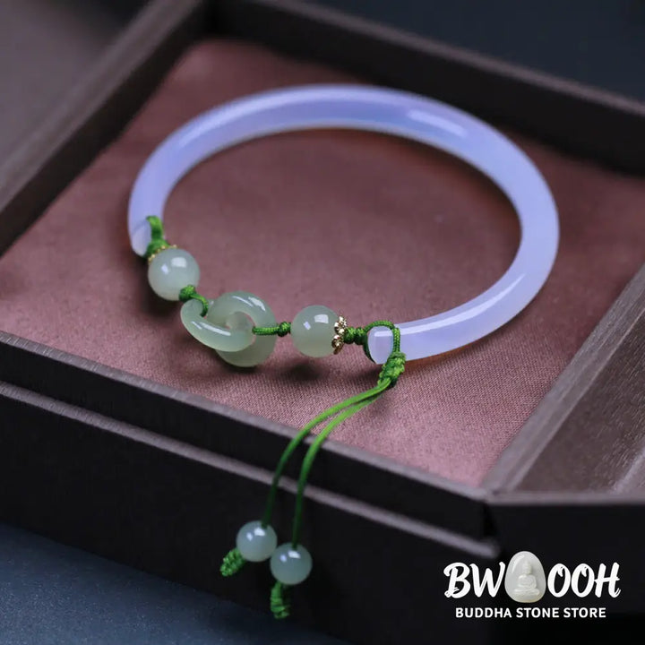 Buddha Stones Natural White Agate Hetian Jade Beads Interlocking Positive Bracelet Bangle - BWOOOH - White Agate(Wrist