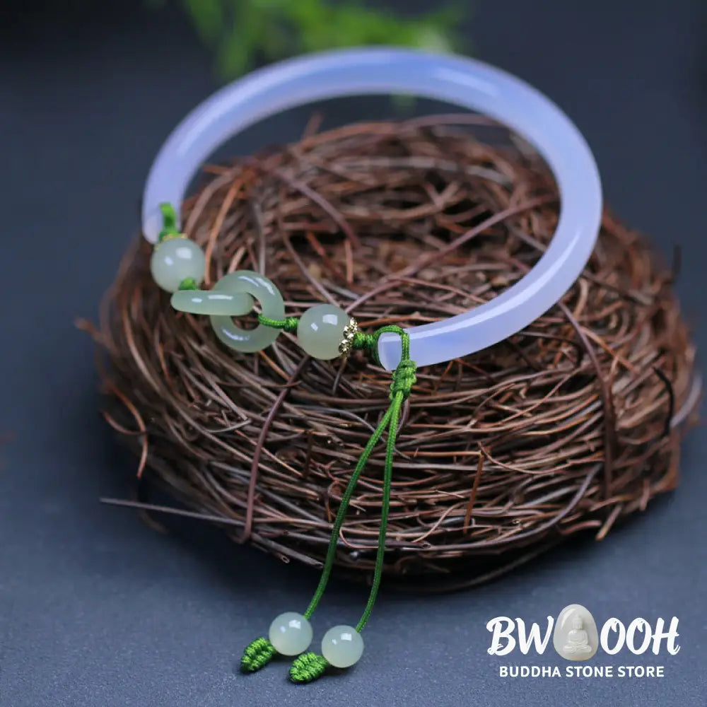 Buddha Stones Natural White Agate Hetian Jade Beads Interlocking Positive Bracelet Bangle - BWOOOH - White Agate(Wrist