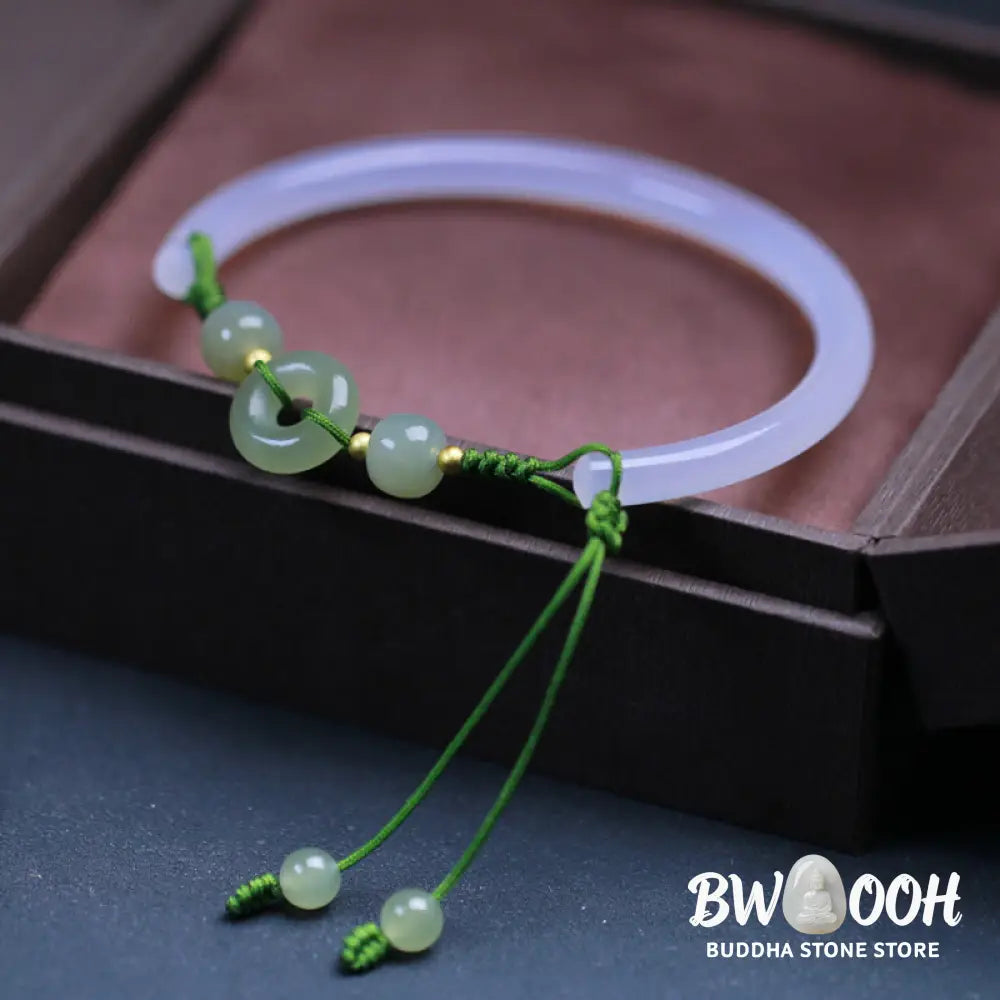 Buddha Stones Natural White Agate Hetian Jade Beads Peace Buckle Positive Bracelet Bangle - BWOOOH - White Agate(Wrist