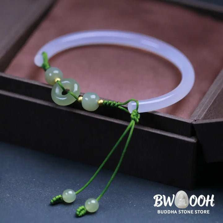 Buddha Stones Natural White Agate Hetian Jade Beads Peace Buckle Positive Bracelet Bangle - BWOOOH - White Agate(Wrist