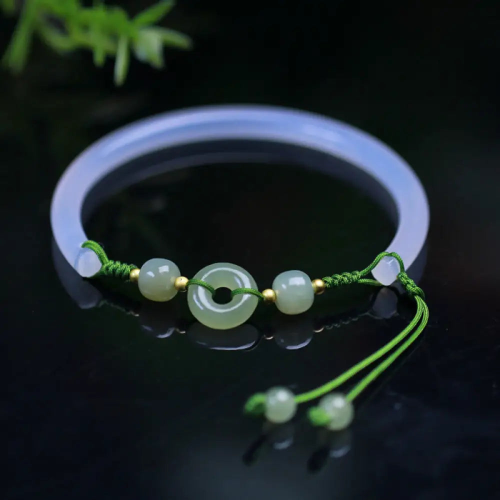 BWOOOH Natural White Agate Hetian Jade Beads Peace Buckle Positive Bracelet Bangle - BWOOOH - White Agate(Wrist