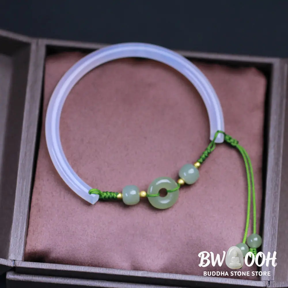 Buddha Stones Natural White Agate Hetian Jade Beads Peace Buckle Positive Bracelet Bangle - BWOOOH - White Agate(Wrist