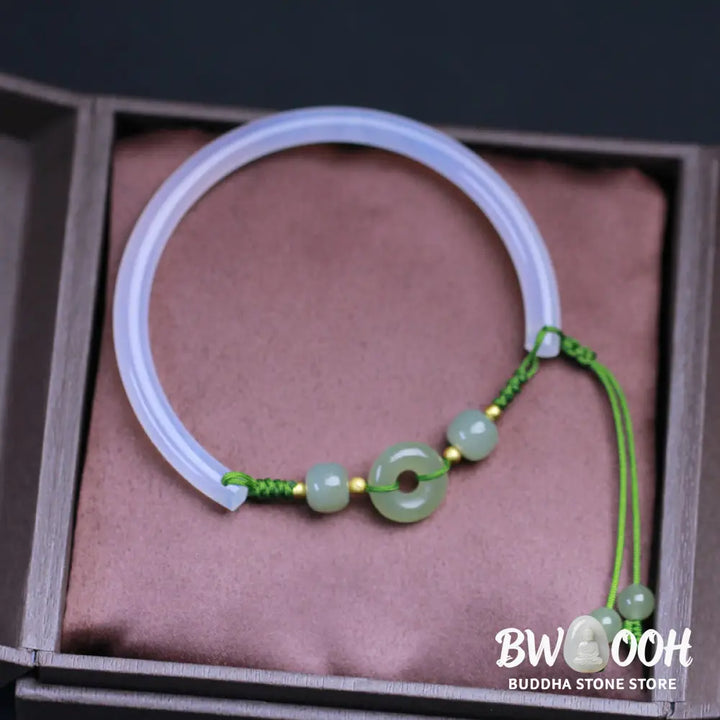 Buddha Stones Natural White Agate Hetian Jade Beads Peace Buckle Positive Bracelet Bangle - BWOOOH - White Agate(Wrist