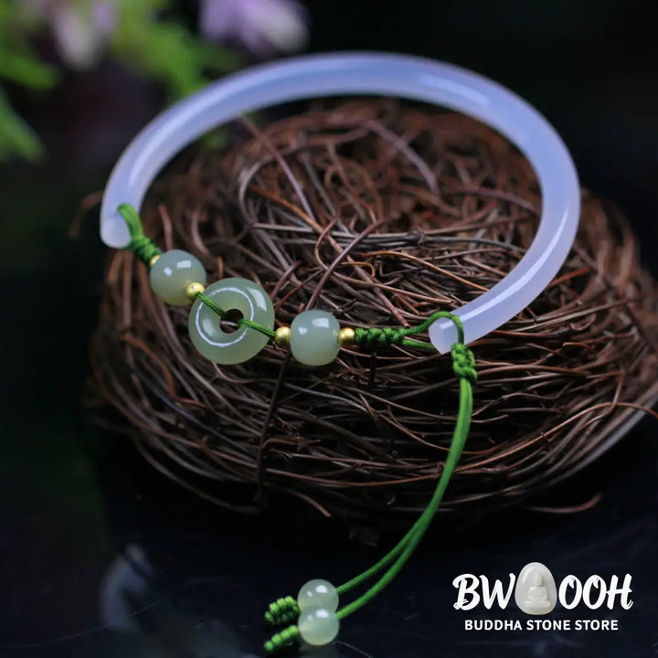 Buddha Stones Natural White Agate Hetian Jade Beads Peace Buckle Positive Bracelet Bangle - BWOOOH - White Agate(Wrist