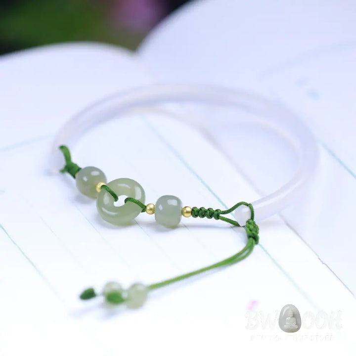 Buddha Stones Natural White Agate Hetian Jade Beads Peace Buckle Positive Bracelet Bangle - BWOOOH - White Agate(Wrist