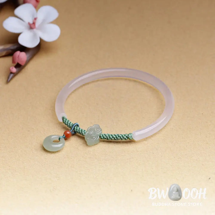 Buddha Stones Natural White Agate Hetian Jade Peace Buckle Auspicious Clouds Positive Bracelet Bangle - BWOOOH - White