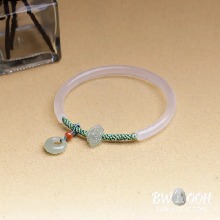 Buddha Stones Natural White Agate Hetian Jade Peace Buckle Auspicious Clouds Positive Bracelet Bangle - BWOOOH - White