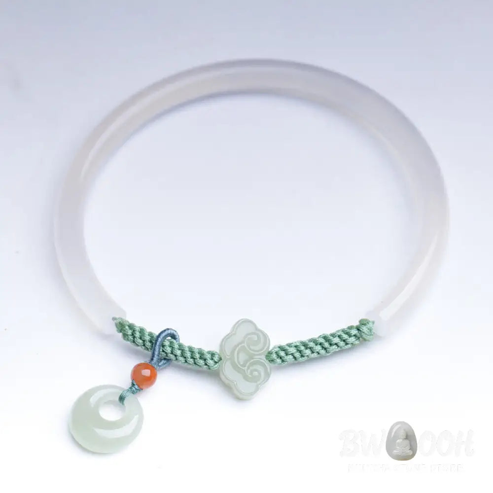 Buddha Stones Natural White Agate Hetian Jade Peace Buckle Auspicious Clouds Positive Bracelet Bangle - BWOOOH - White