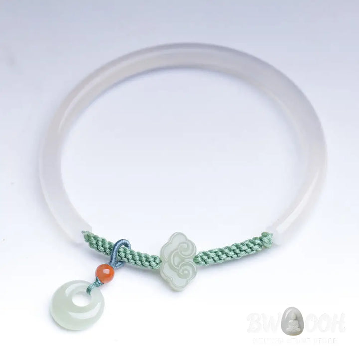 Buddha Stones Natural White Agate Hetian Jade Peace Buckle Auspicious Clouds Positive Bracelet Bangle - BWOOOH - White