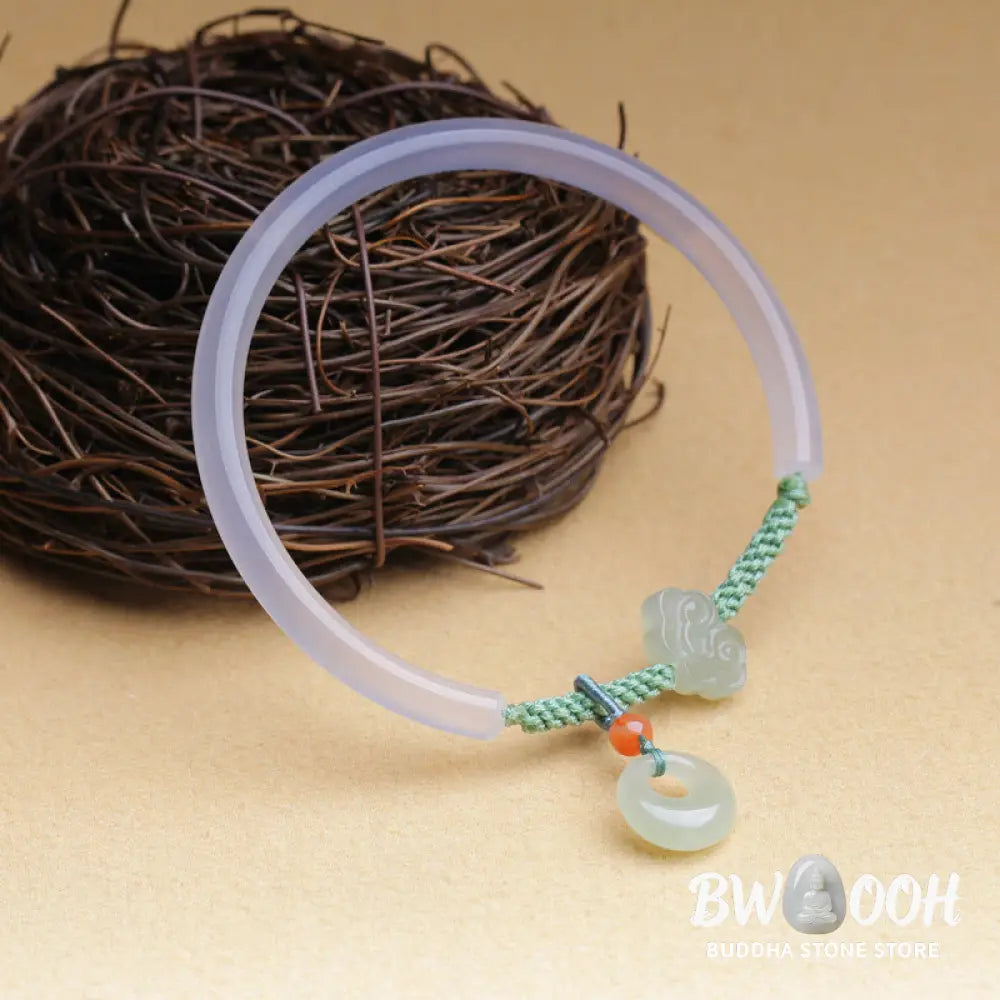 Buddha Stones Natural White Agate Hetian Jade Peace Buckle Auspicious Clouds Positive Bracelet Bangle - BWOOOH - White
