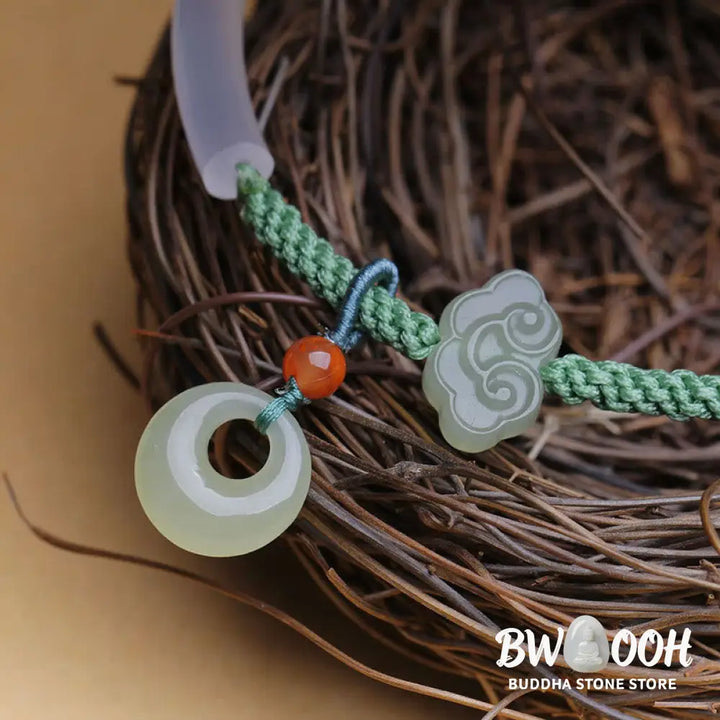 Buddha Stones Natural White Agate Hetian Jade Peace Buckle Auspicious Clouds Positive Bracelet Bangle - BWOOOH - White
