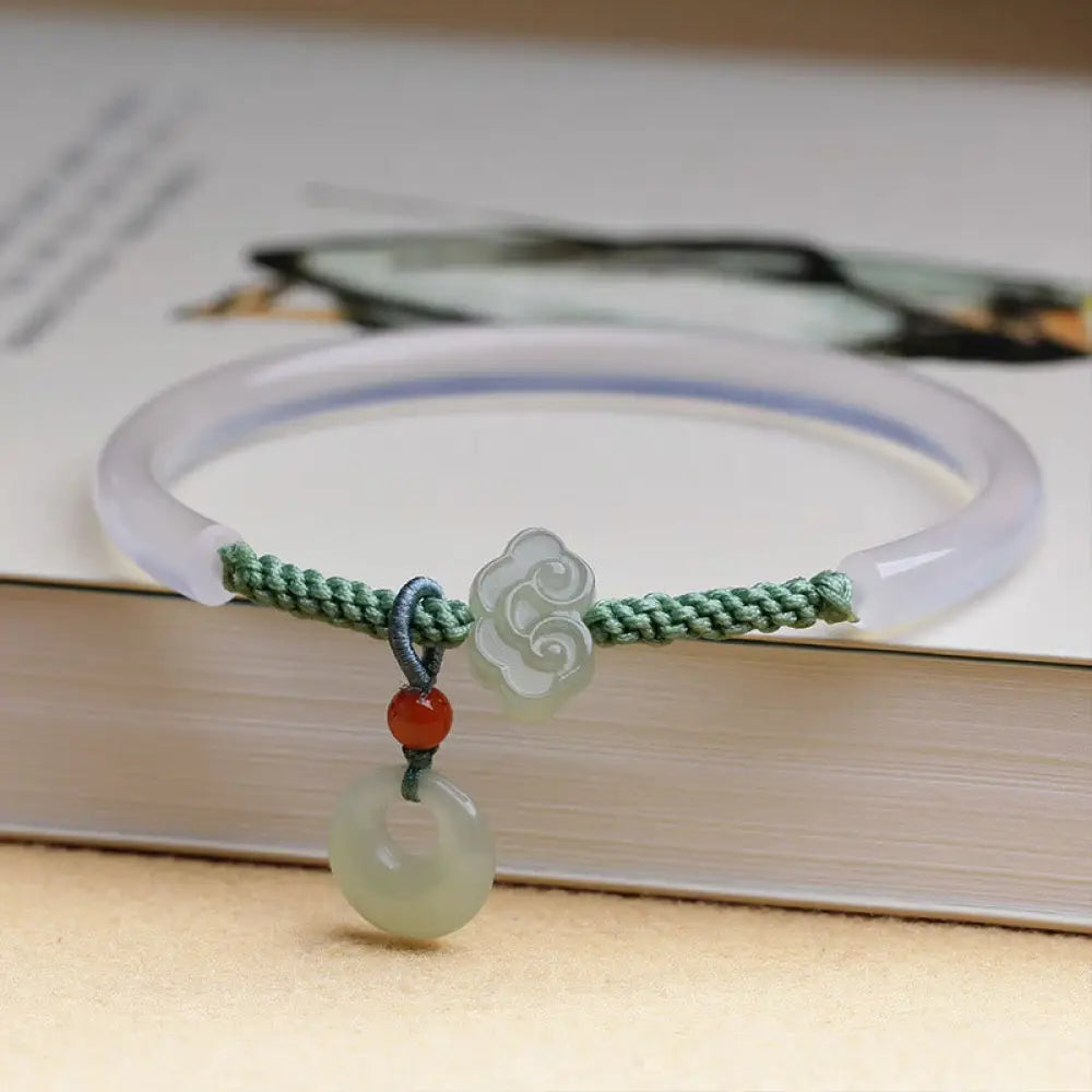 BWOOOH Natural White Agate Hetian Jade Peace Buckle Auspicious Clouds Positive Bracelet Bangle - BWOOOH - White